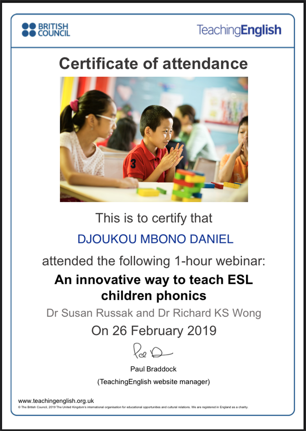 Сертификат. An innovative way to teach ESL children phonics