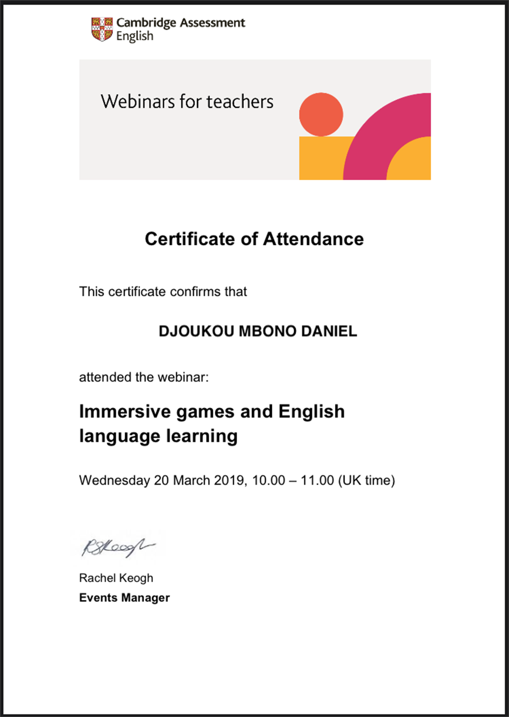 Сертификат. Immersive games and English language learning