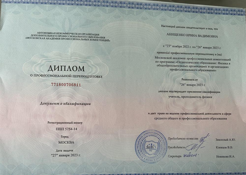 Диплом о профессиональной переподготовки