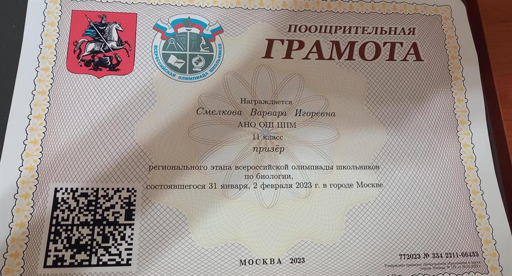 Диплом призера регионального этапа всош