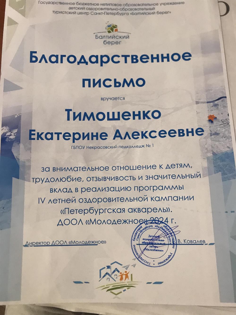 Благодарственное письмо. Работа с детьми по профессии вожатый. 