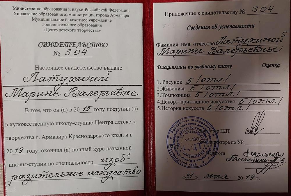 Диплом об окончании художественной школы 