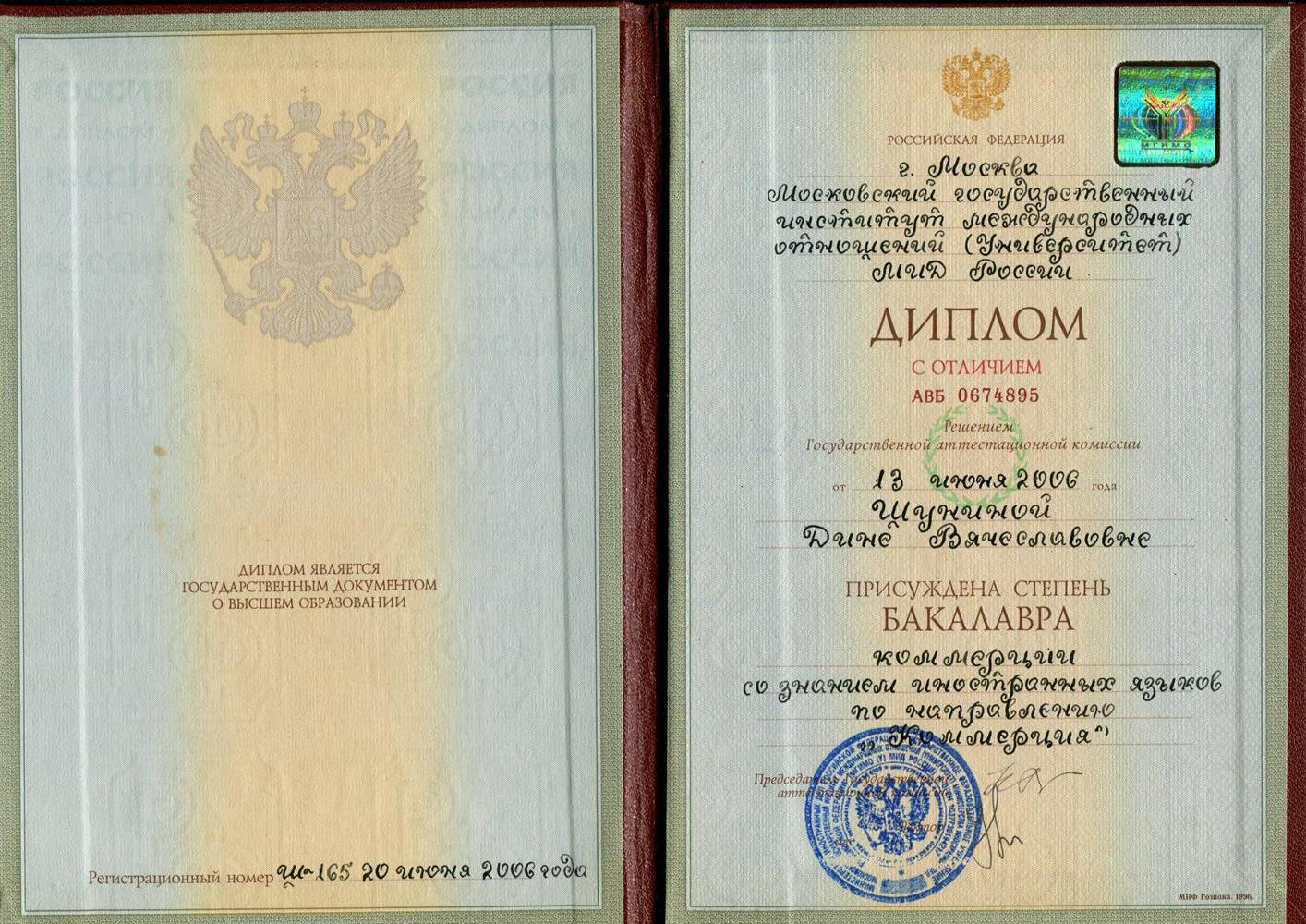 Диплом бакалавра Шунина Дина Вячеславна