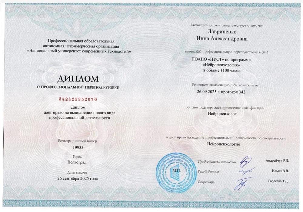 Диплом по квалификации Нейропсихолог