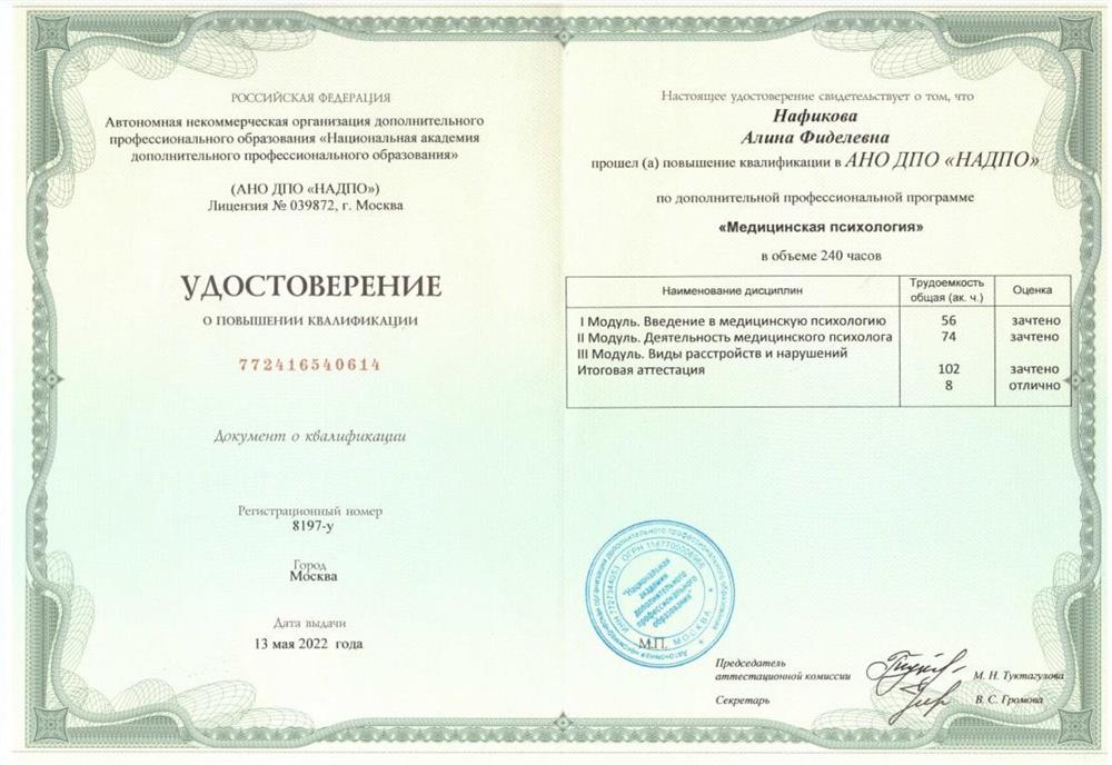 Удостоверение медицинского психолога