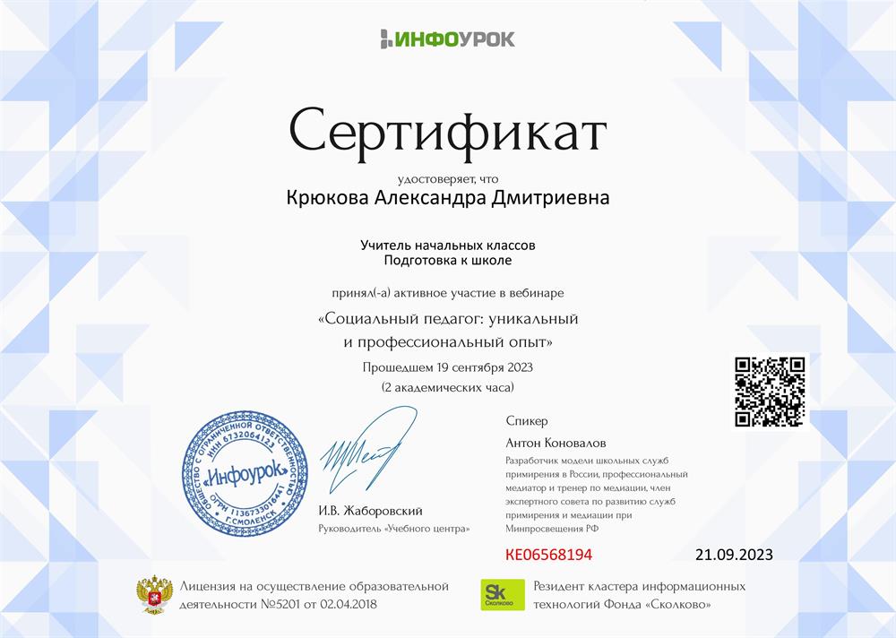 Сертификат. Социальный педагог 