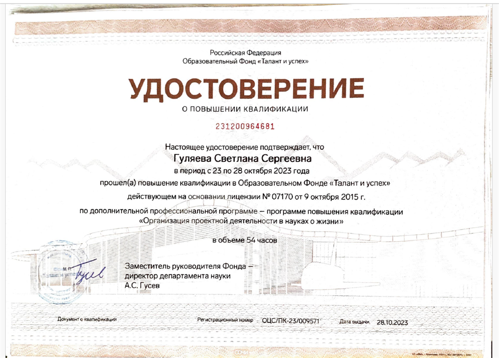 Удостоверение о повышении квалификации Сириус 1