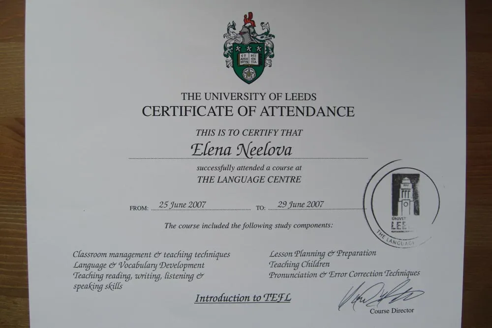Сертификат об окончании курса для преподавания  TEFL