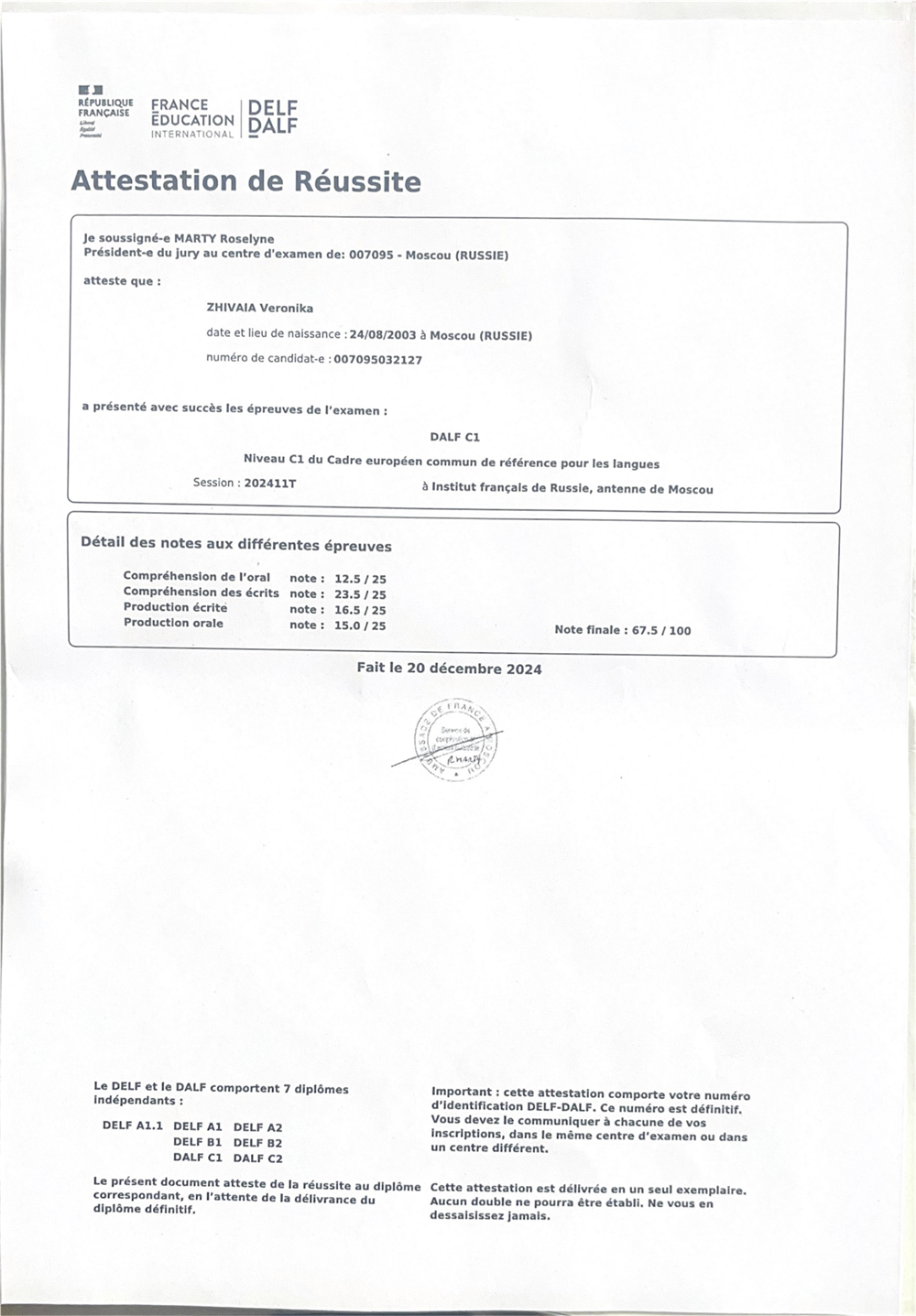 Сертификат. DALF C1