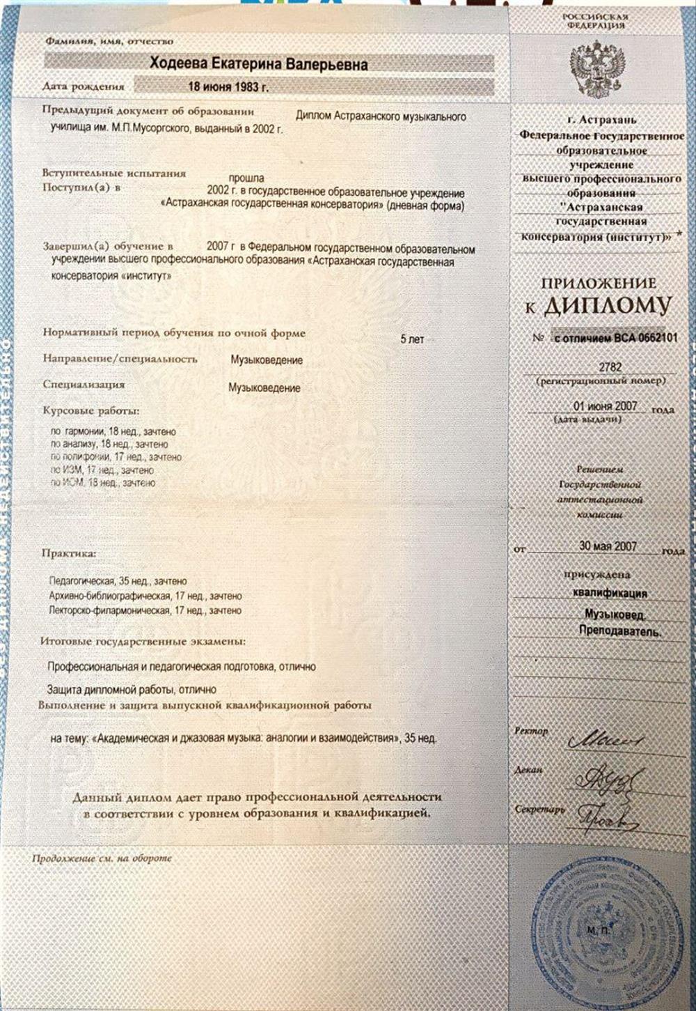 Диплом об окончании Астраханской государственной консерватории