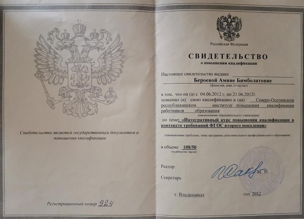 Свидетельство о повышении квалификации