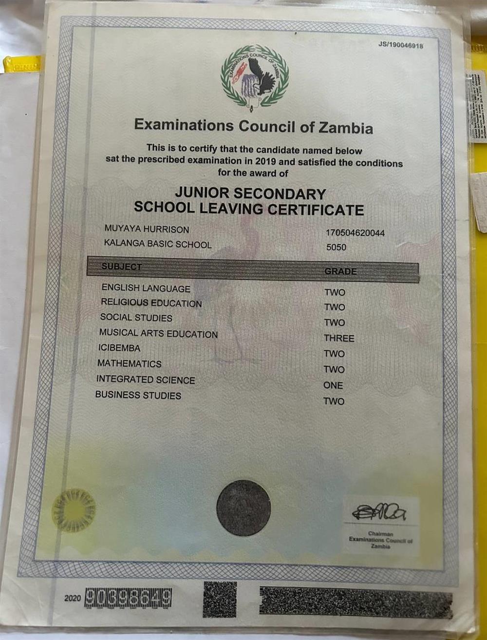 Сертификат. Under the government of the Zambia educational system i took ENGLISH EXAMS 