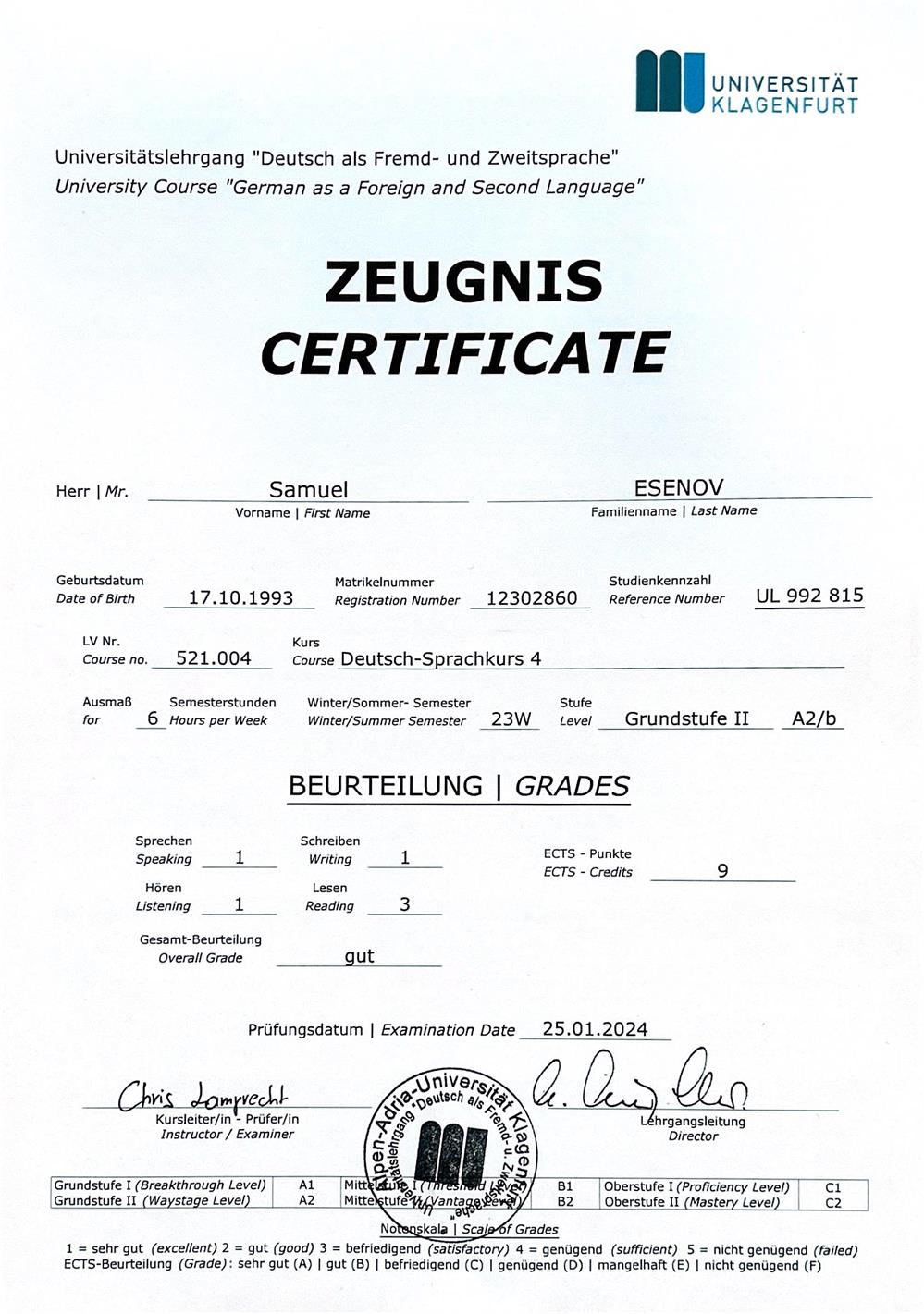 Zeugnis Certificate: “Deutsch als Fremd- und Zweitsprache“