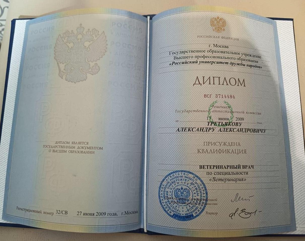 Диплом о высшем образовании по специальности ветеринарный врач