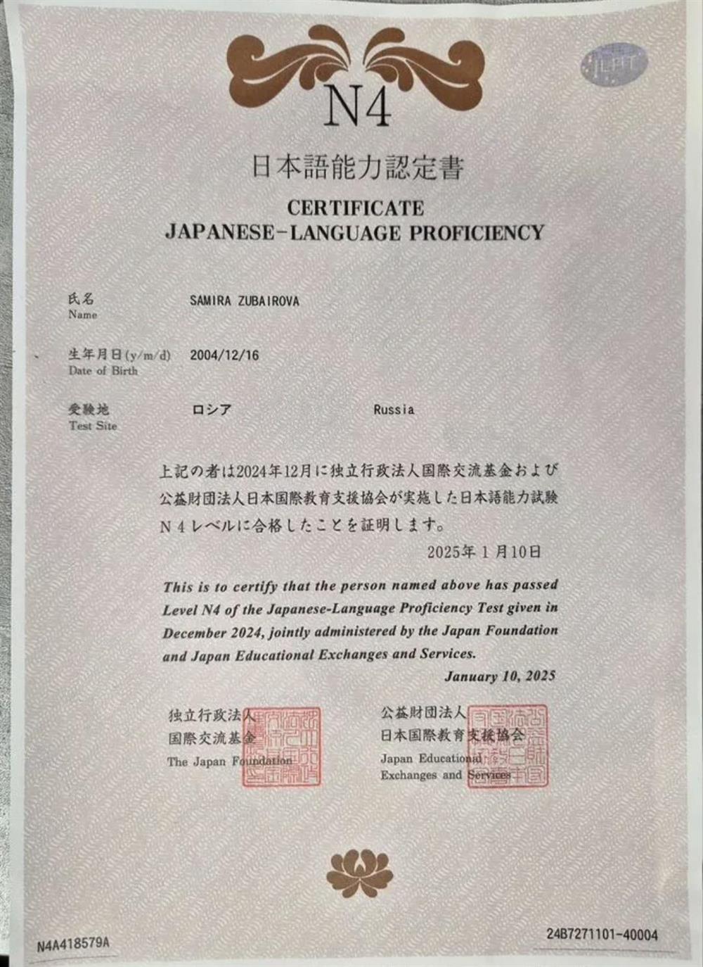 Certificate japanese-language proficiency