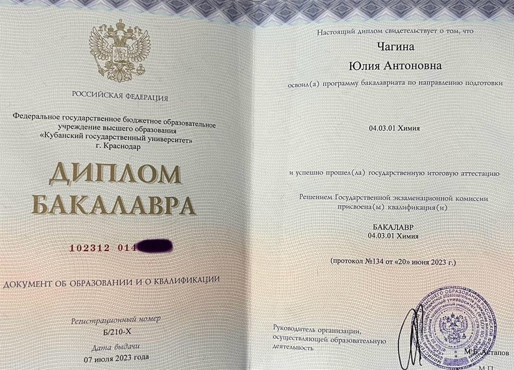 Диплом Бакалавр Химии