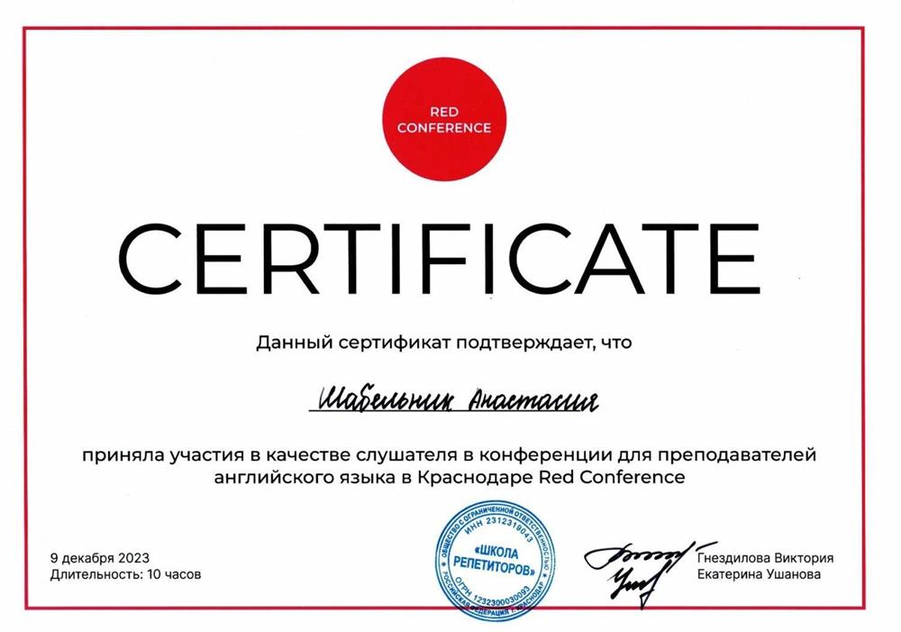Сертификат. Конференция преподавателей
