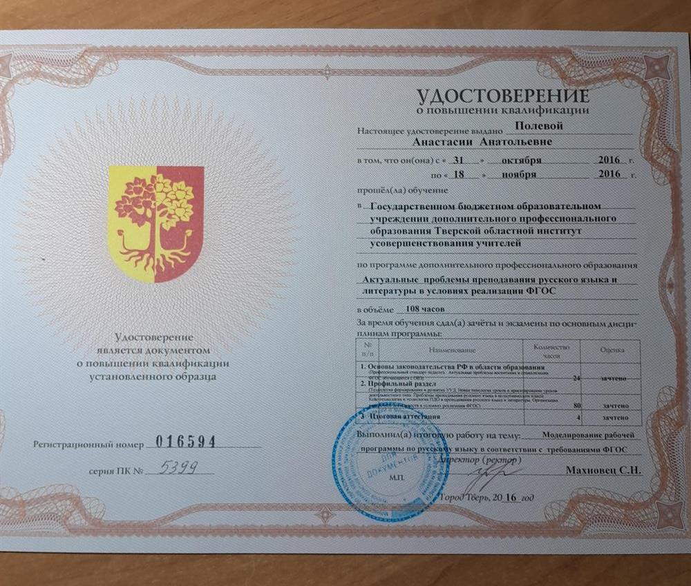 Удостоверение о повышении квалификации