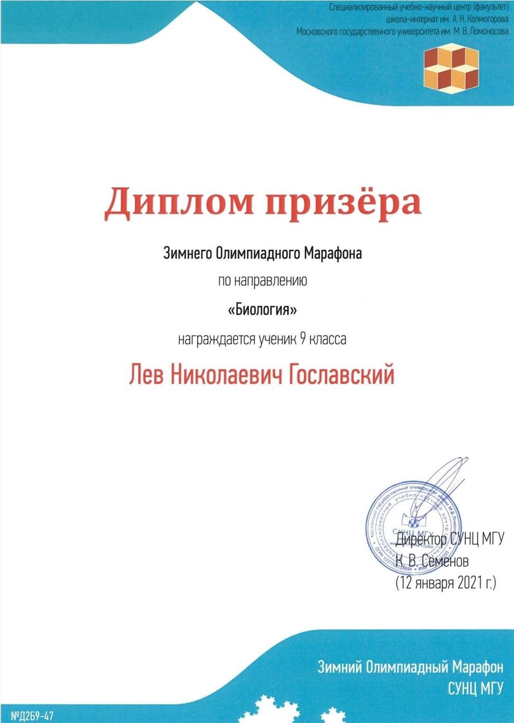 Диплом призёра Зимнего Олимпиадного Марафона, 2021