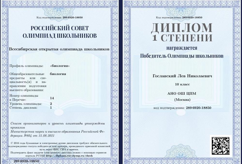 Диплом 1 степени Всесебирской открытой олимпиады школьников 2022