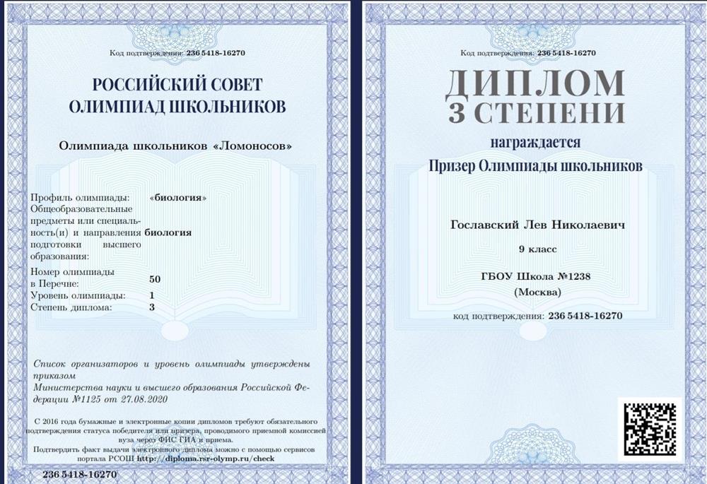 Диплом 3 степени олимпиады школьников Ломоносов 2021
