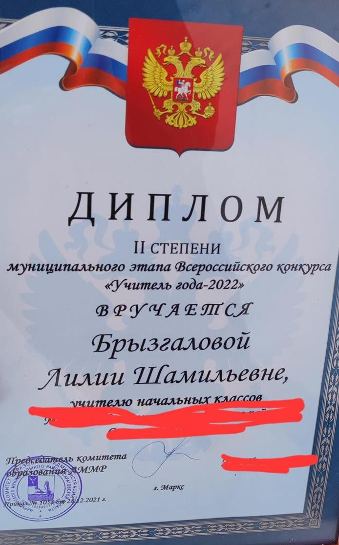 Диплом 2 степени муниципального этапа Всероссийского конкурса "Учитель года"