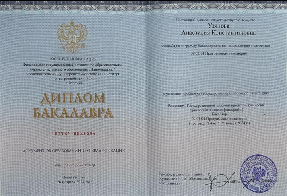 Диплом о высшем образовании по направлению «Программная инженерия» 