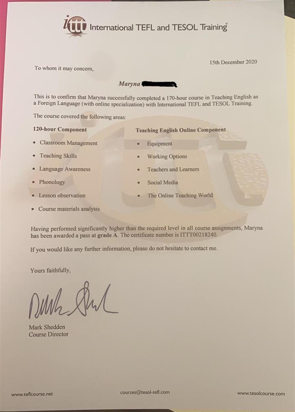 DETALIZATION TO THE TEFL CERTIFICATE