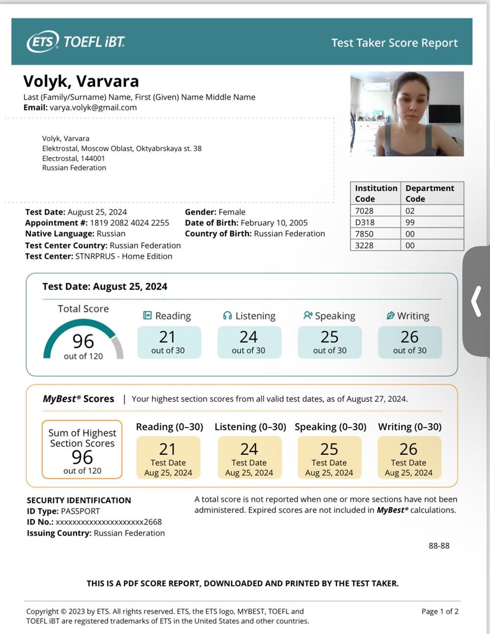 TOEFL Certificate (C1)