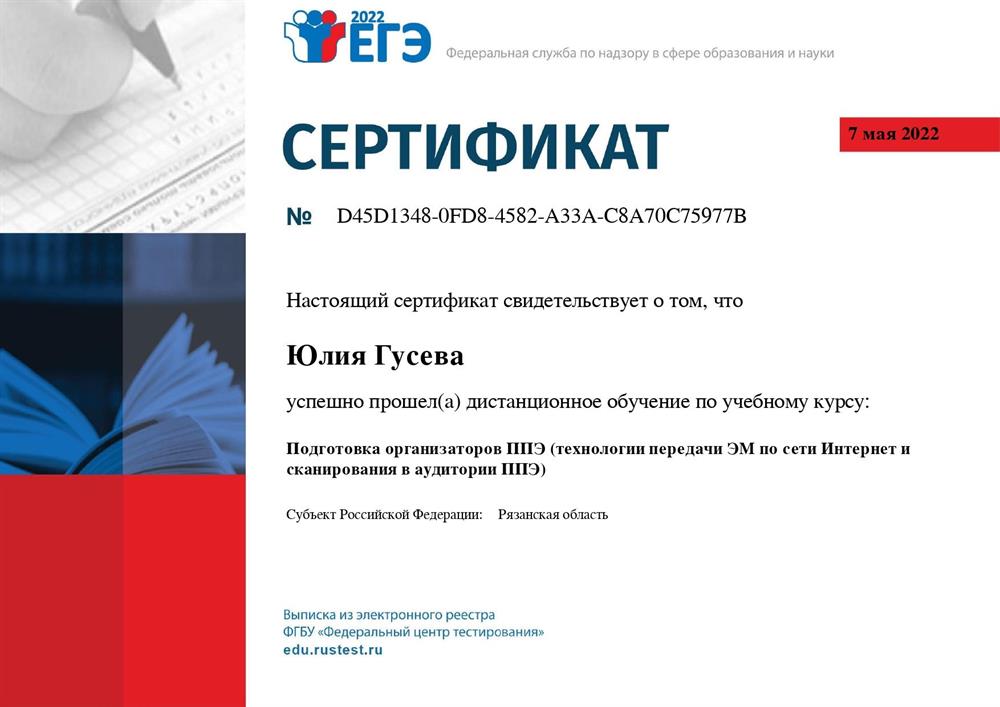 Сертификат аттестации организатора в аудитории ППЭ