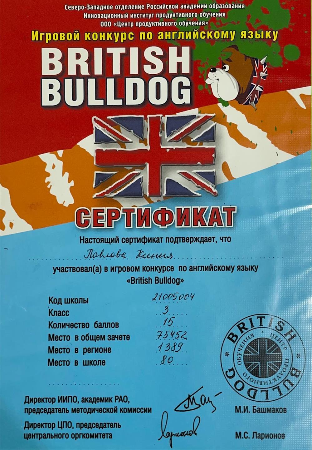 Сертификат об участии в конкурсе “British Bulldog”