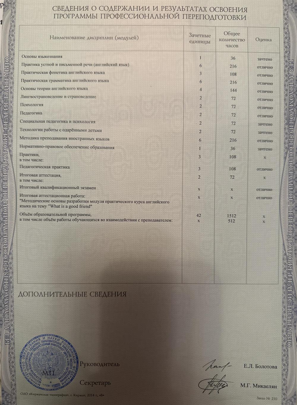 Приложение к диплому с отличием 