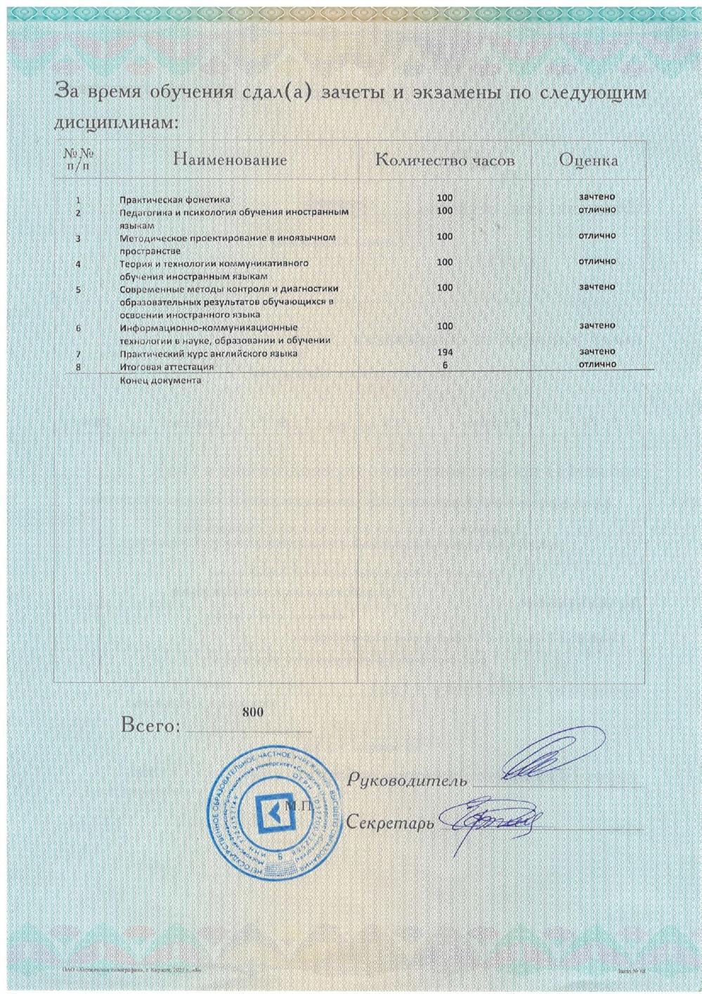 Приложение с оценками к красному диплому