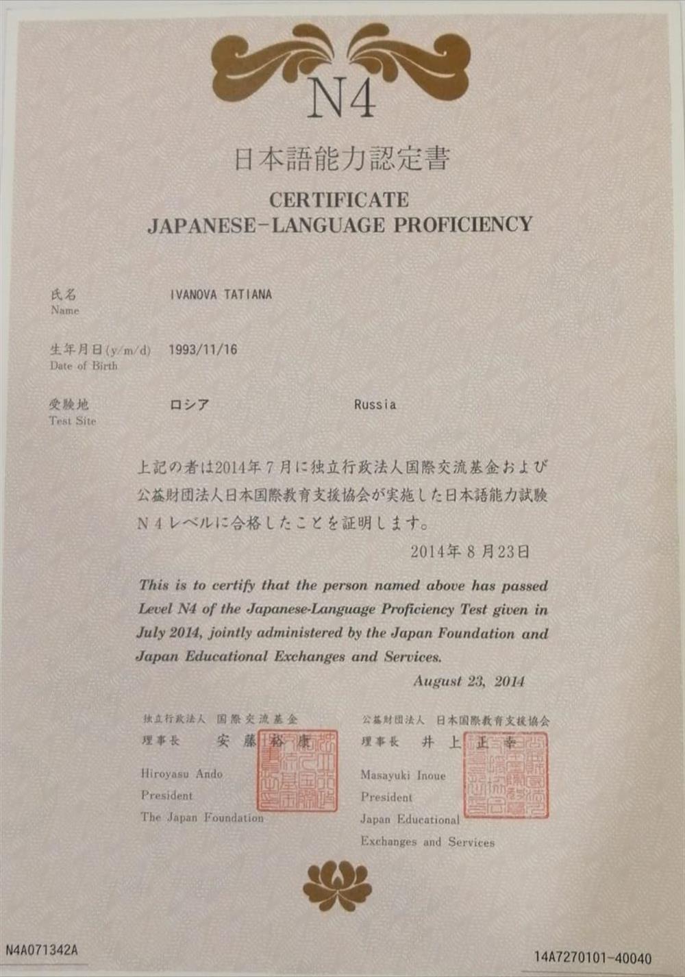 Сертификат JLPT N4