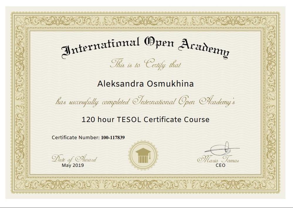 Certificate 120 hour TESOL course