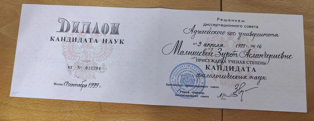 Диплом кандидата филологических наук 