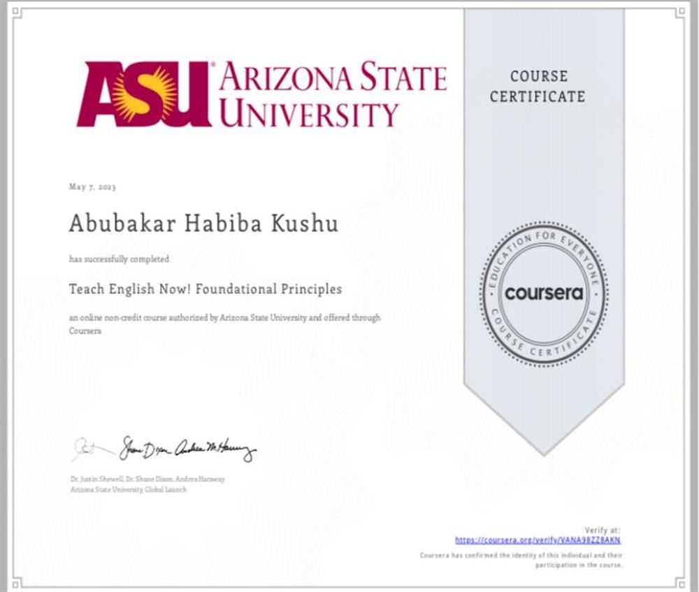 Сертификат. English teaching training program[Arizona State University ].