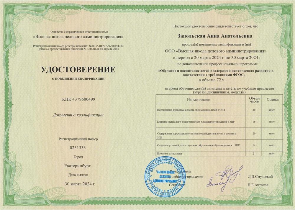 Удостоверение о повышении квалификации.