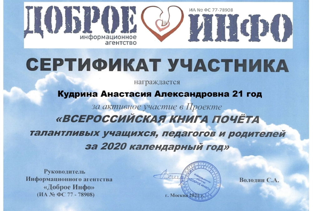 Сертификат участника. Книга почета. Москва. 