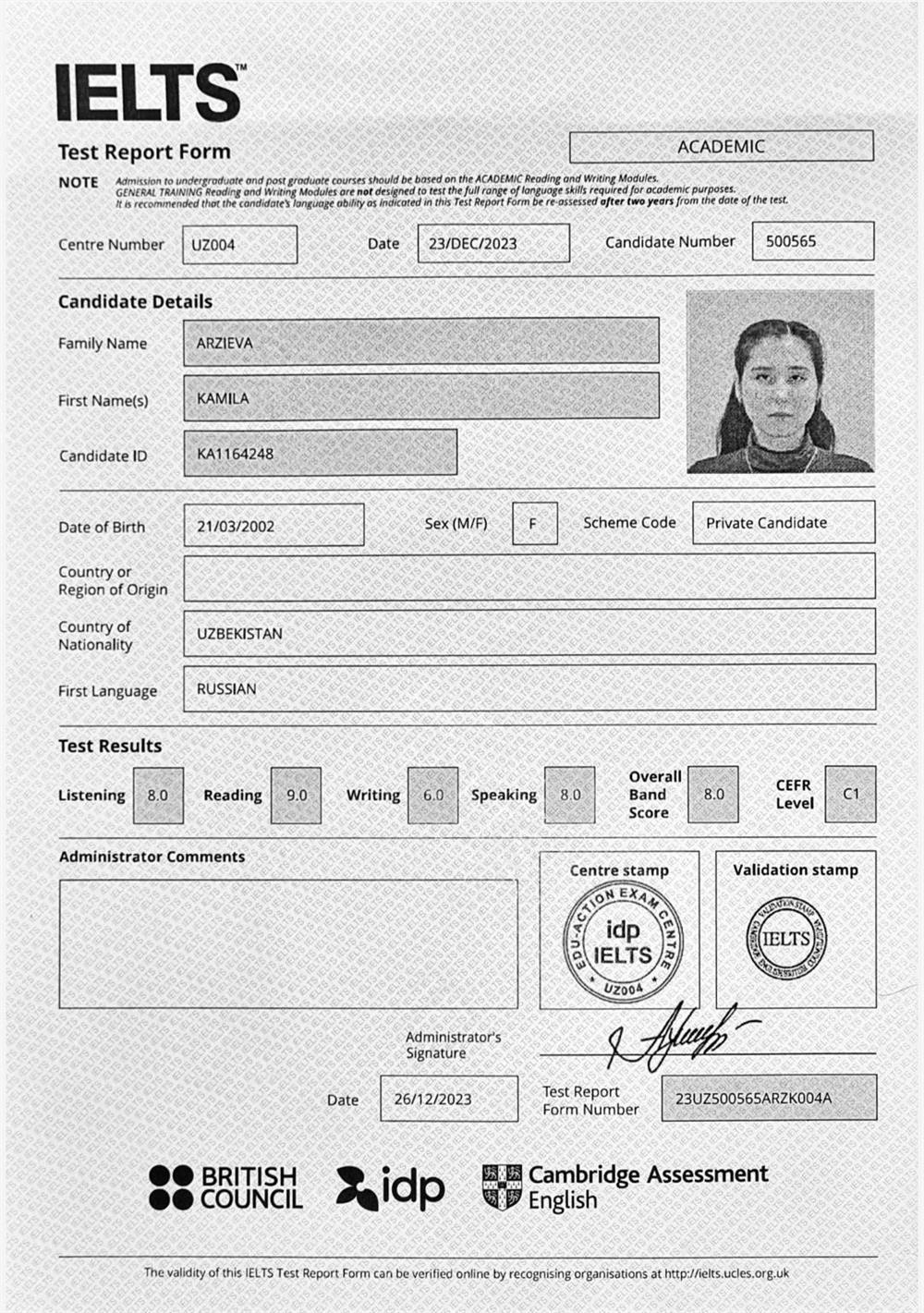 Сертификат IELTS Band 8