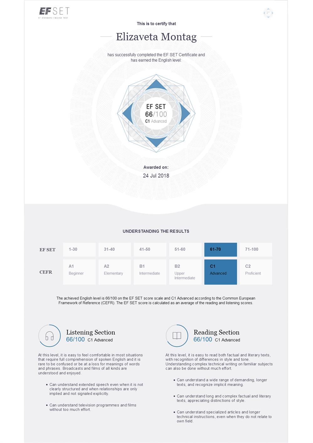 EF certificate, уровень C1 - advanced