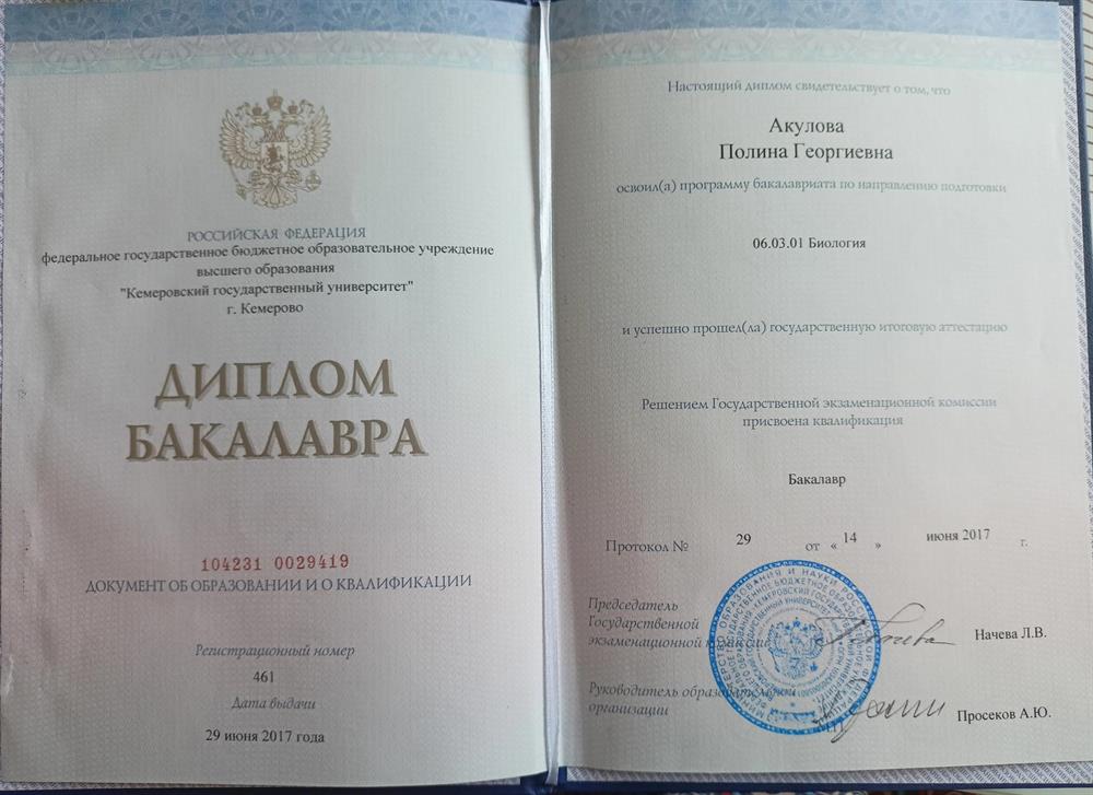 Диплом о профильном высшем образовании (биология)