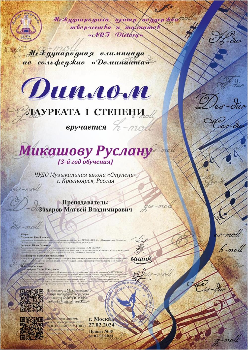 Диплом лауреата I степени (преп. Захаров М.В.)