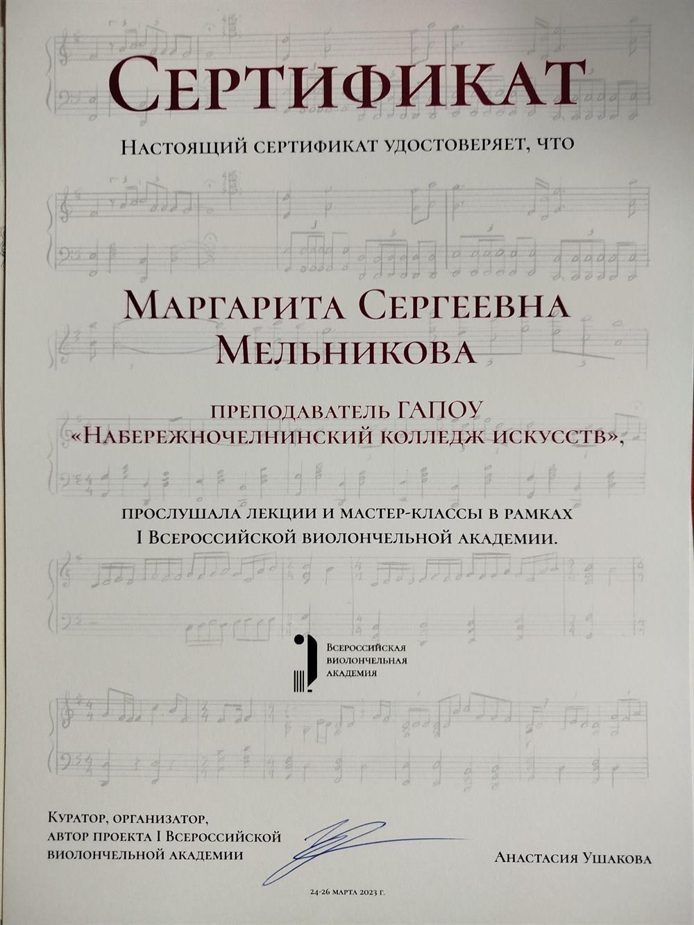 Сертификат. II Всероссийская виолончельная академия. Победа в конкурсе педагогов из регионов2024 год.