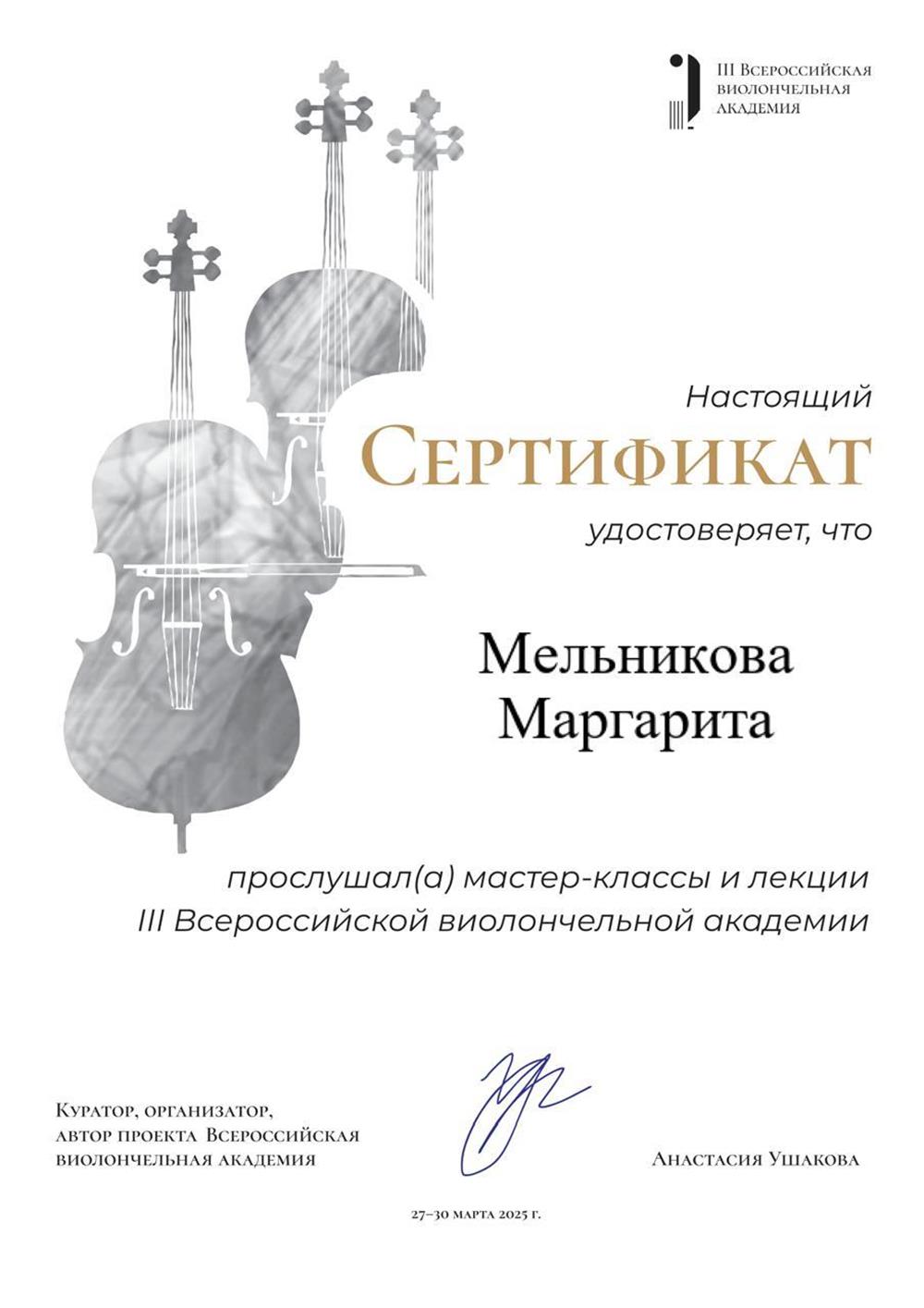 Сертификат. III Всероссийская виолончельная академия Лекции и мастер-классы Вольнослушатель2025