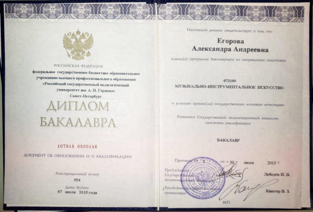 Диплом Бакалавра, музыкально-инструментальное искусство, фортепиано