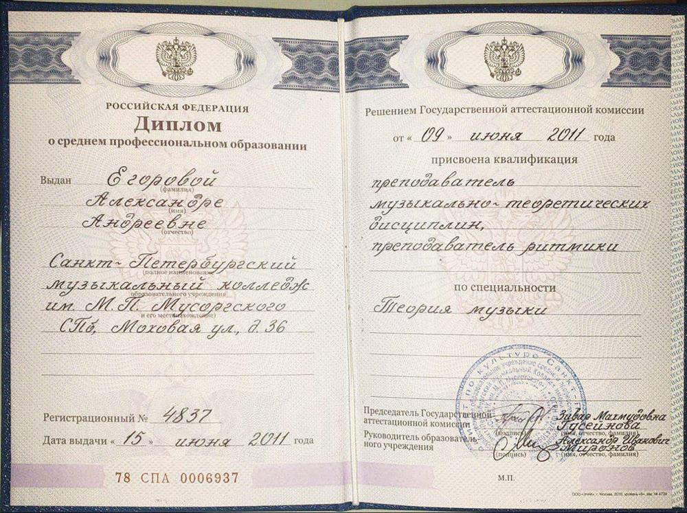 Диплом об окончании теоретико-композиторского отделения музыкального колледжа Мусоргского
