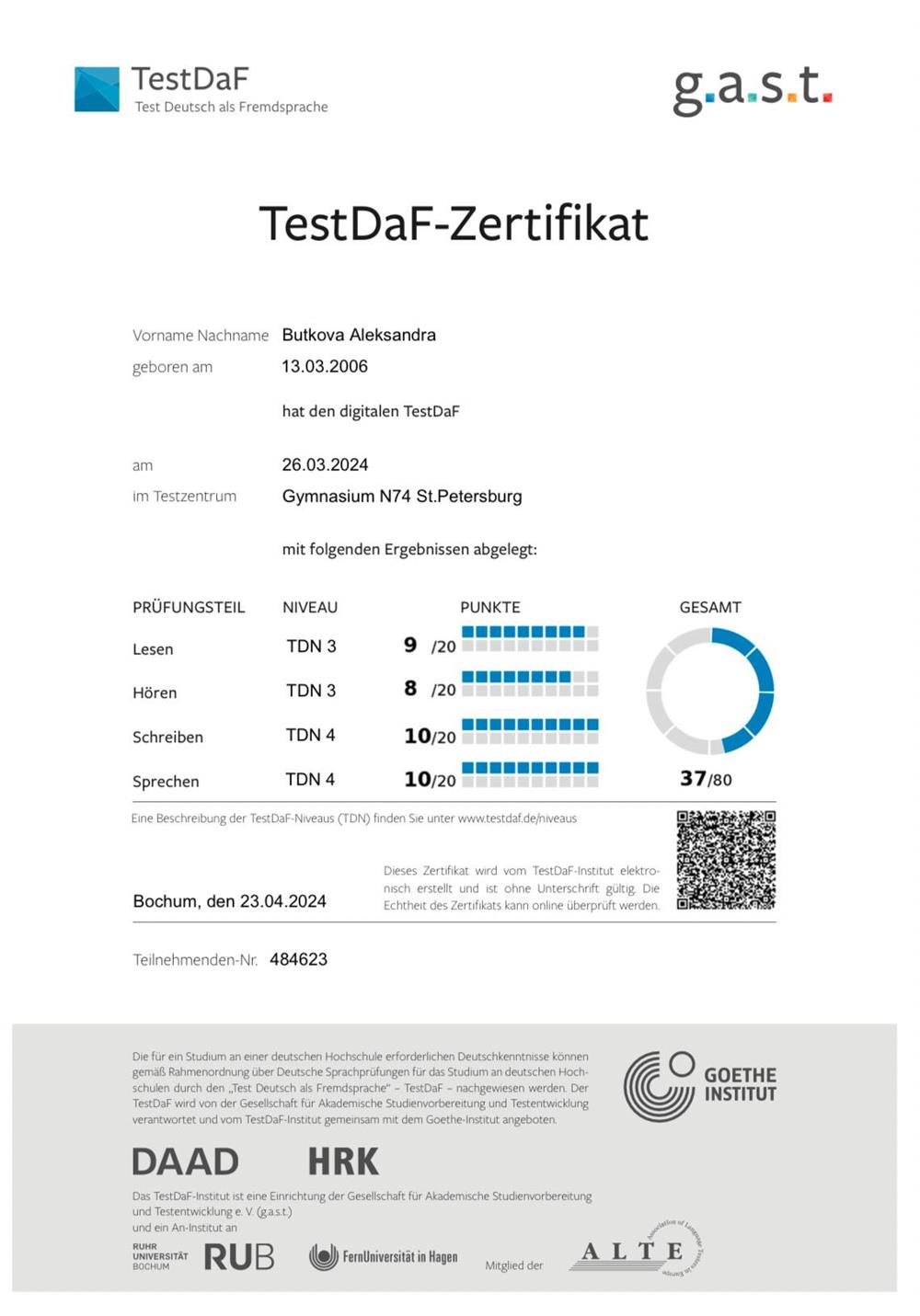 Сертификат о сдачи международного экзамена по немецкому языку TestDaF-Zertifikat, подтверждённый уровень В2
