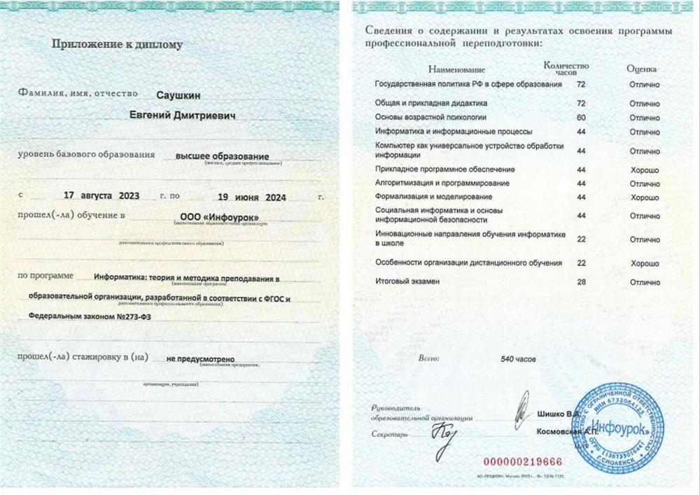 Диплом о профессиональной переподготовке Учитель информатики Приложение
