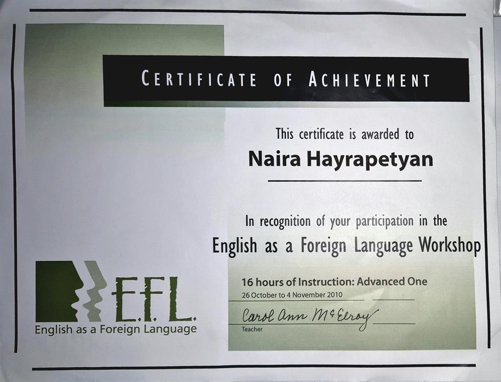 Certificate of achievement: English as a Foreign Language Workshop (advanced one)